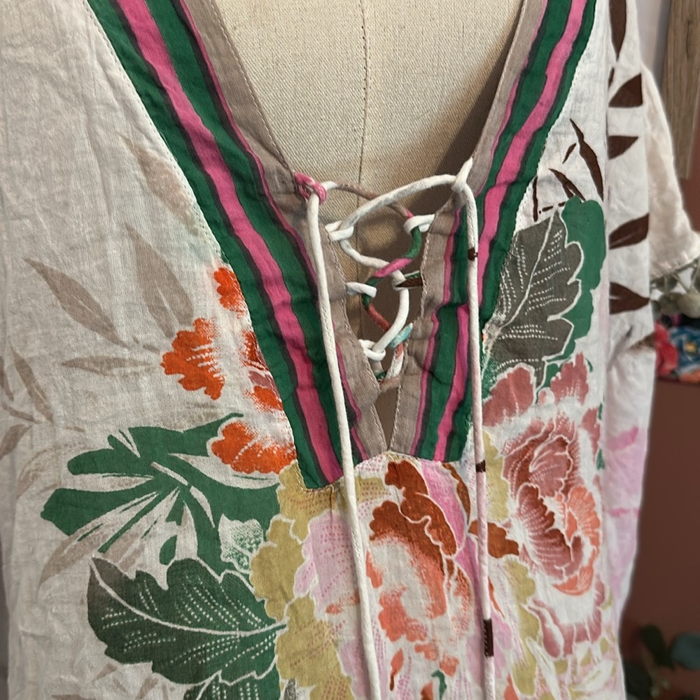 Z&L Floral Print Pom Poms cotton tassel drop waist lace up OS Kaftan Cover-Up - Picture 6 of 16